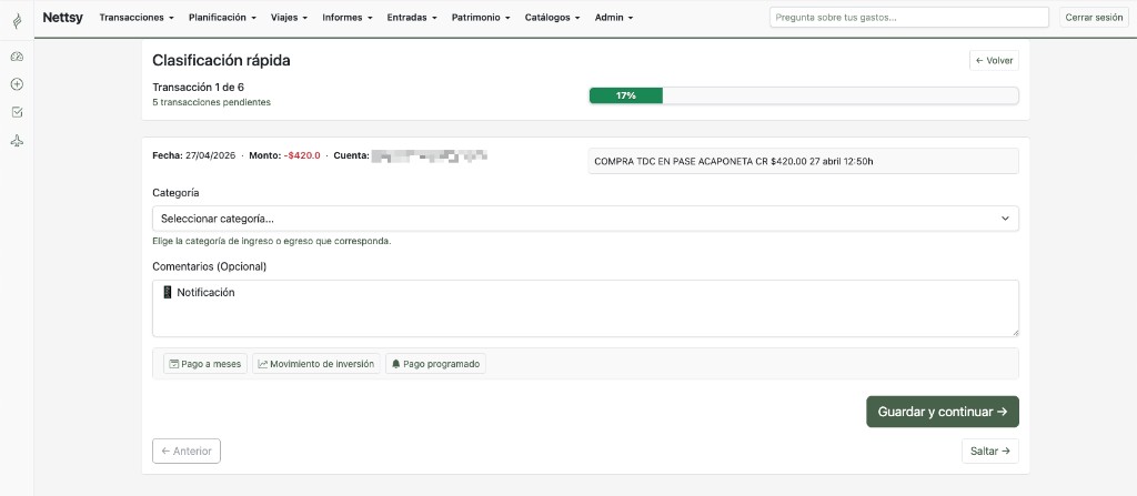 Interfaz de clasificación rápida de transacciones