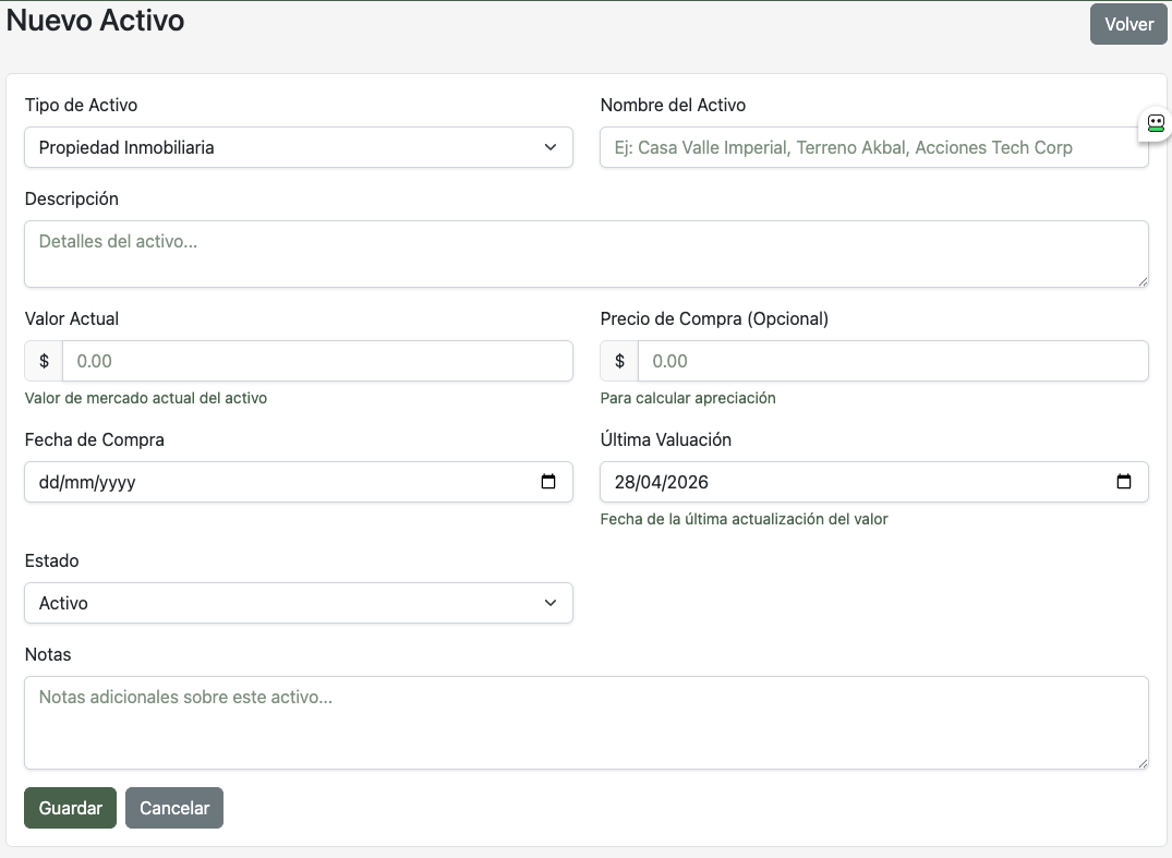 Formulario de creación de activo